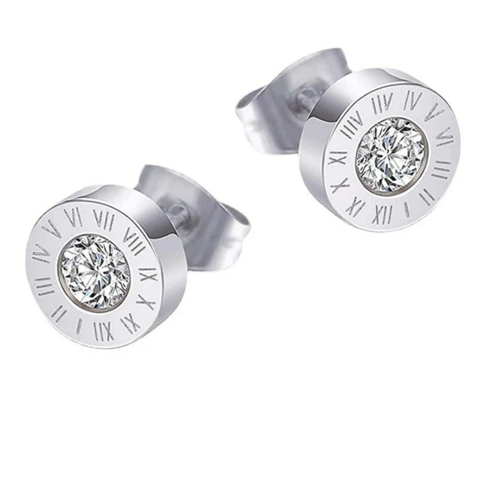 925 Silver Plated Stainless Steel Round Cut Zircon Roman Numerals Stud E…